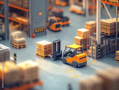 Autonomous forklifts enhance efficiency in distribution center operations industrial warehouse digital art futuristic environment aerial view