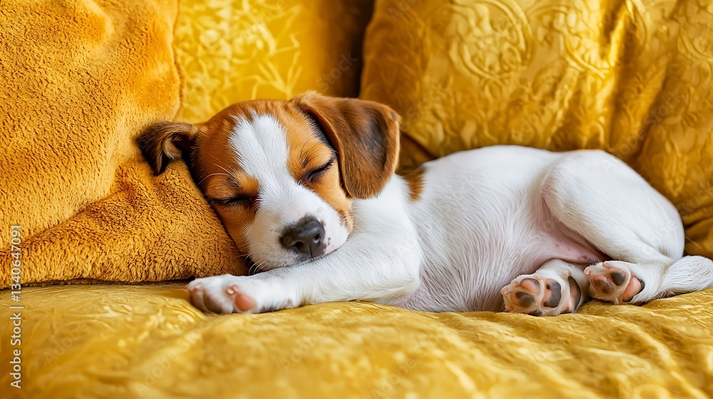 Obraz premium A beagle puppy sleeps soundly on a plush yellow couch