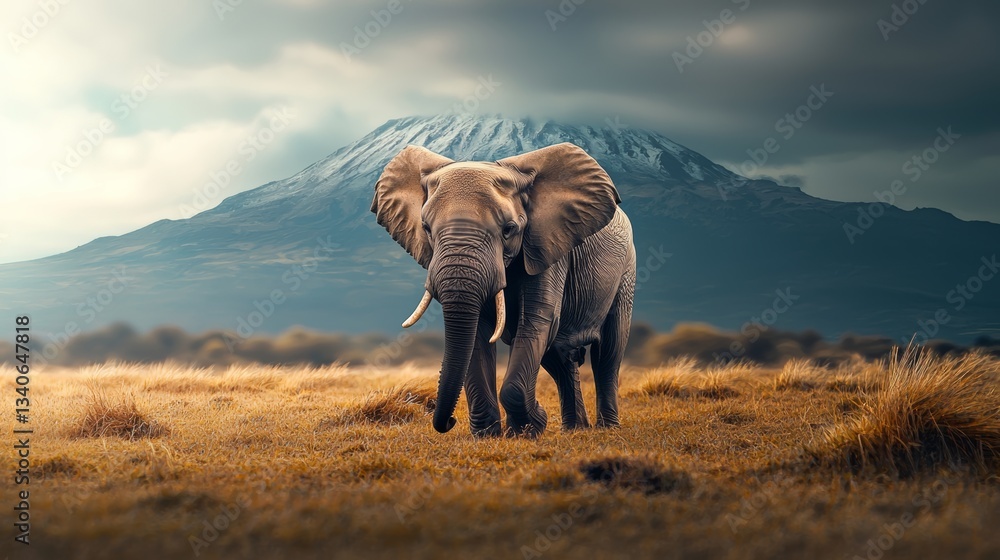Fototapeta premium Large elephant is walking across a field with a mountain in the background. The scene is peaceful and serene, with the elephant being the main focus of the image