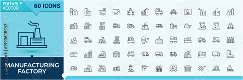 Set of Factory line icon. Minimalist editable vector stroke. Industrial factory icon. Vector illustration. Contain linear sign process, machine, conveyor, warehouse, manufacturing and more.