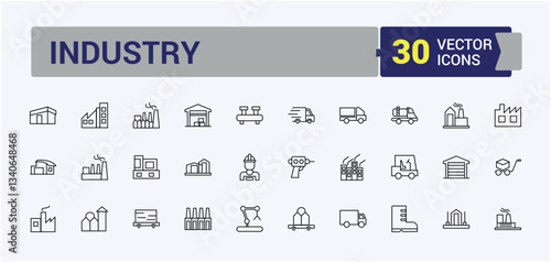 Set of Factory line icon. Minimalist editable vector stroke. Industrial factory icon. Vector illustration. Contain linear sign process, machine, conveyor, warehouse, manufacturing and more.