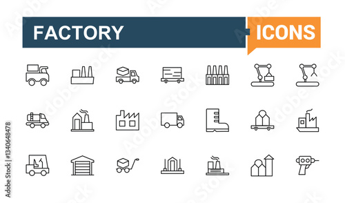 Set of Factory line icon. Minimalist editable vector stroke. Industrial factory icon. Vector illustration. Contain linear sign process, machine, conveyor, warehouse, manufacturing and more.