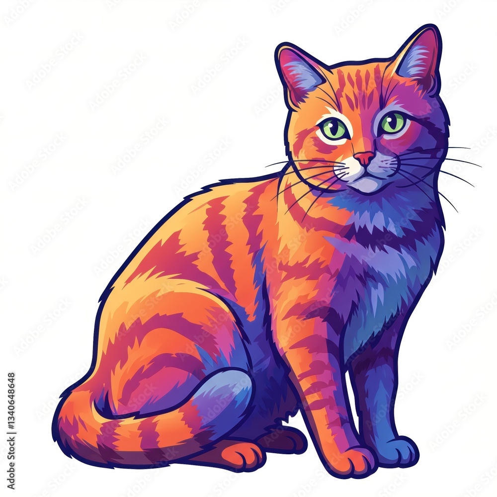 Obraz premium Vibrant Cat Illustration: A Colorful Digital Art of a Feline with Vivid Patterns Perfect for Cat Lovers and Art Enthusiasts.
