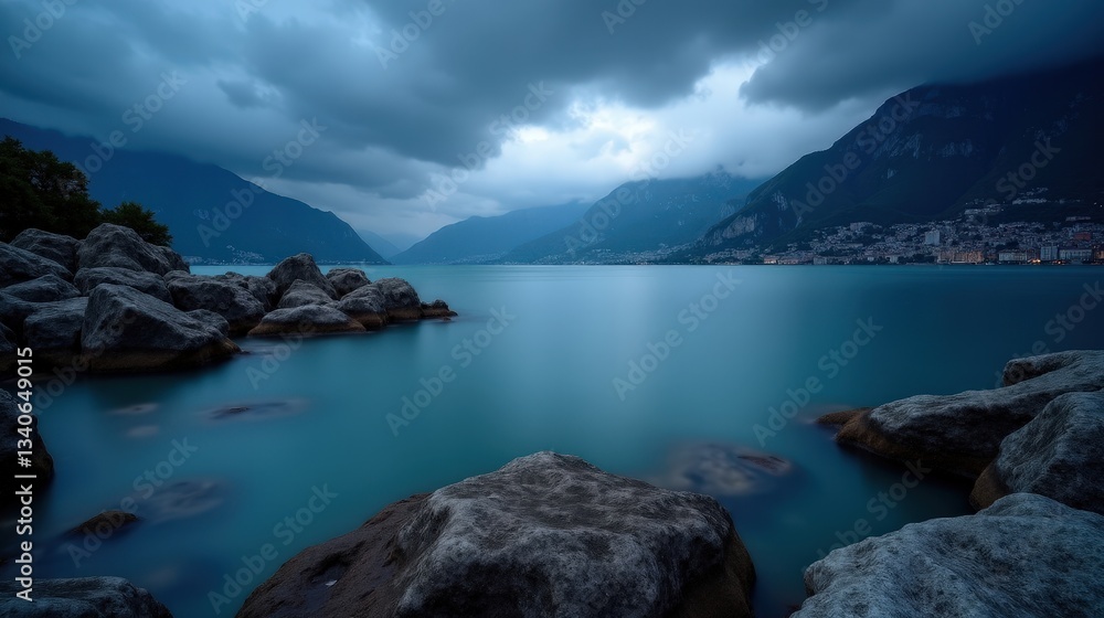 A panoramic view of Lake Garda in Italy at dusk, with rain creating ripples on the water. The misty atmosphere adds to the tranquil, scenic beauty in this high-quality professional photo. A panoramic view of Lake Garda in Italy at dusk, with rain creating ripples on the water. The misty atmosphere adds to the tranquil, scenic beauty in this high-quality professional photo.