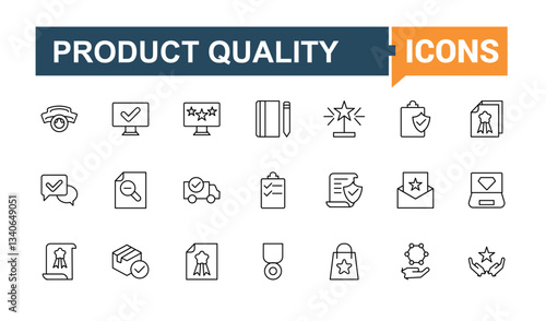Quality control icon set. Includes thin line approve, inspect, control, certificate, checklist, standard. Minimalist editable vector stroke. Certification modern icon. Editable vector illustration.
