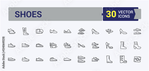 Set of Shoe line icon. Wear outline icons collection. Modern icons collection. Footwear icon set. Vector artwork and illustration.