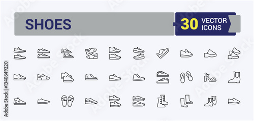 Set of Shoe line icon. Wear outline icons collection. Modern icons collection. Footwear icon set. Vector artwork and illustration.