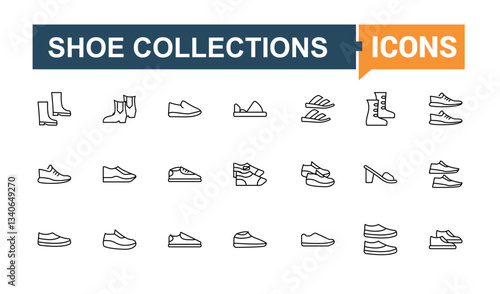 Set of Shoe line icon. Wear outline icons collection. Modern icons collection. Footwear icon set. Vector artwork and illustration.