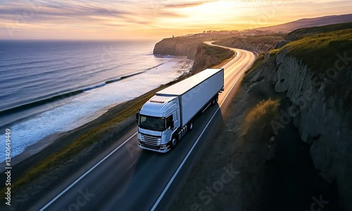A white truck travels along a winding coastal road at sunset, with waves crashing against the shore and cliffs in the background, showcasing a serene transport scene.mp4
