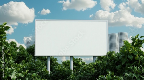 Wallpaper Mural A blank billboard stands amidst lush greenery with a backdrop of modern buildings and a bright blue sky dotted with clouds. Torontodigital.ca