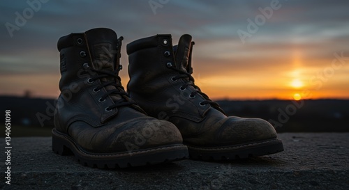 Rugged leather boots on concrete against a serene sunset background, perfect for outdoor enthusiasts.