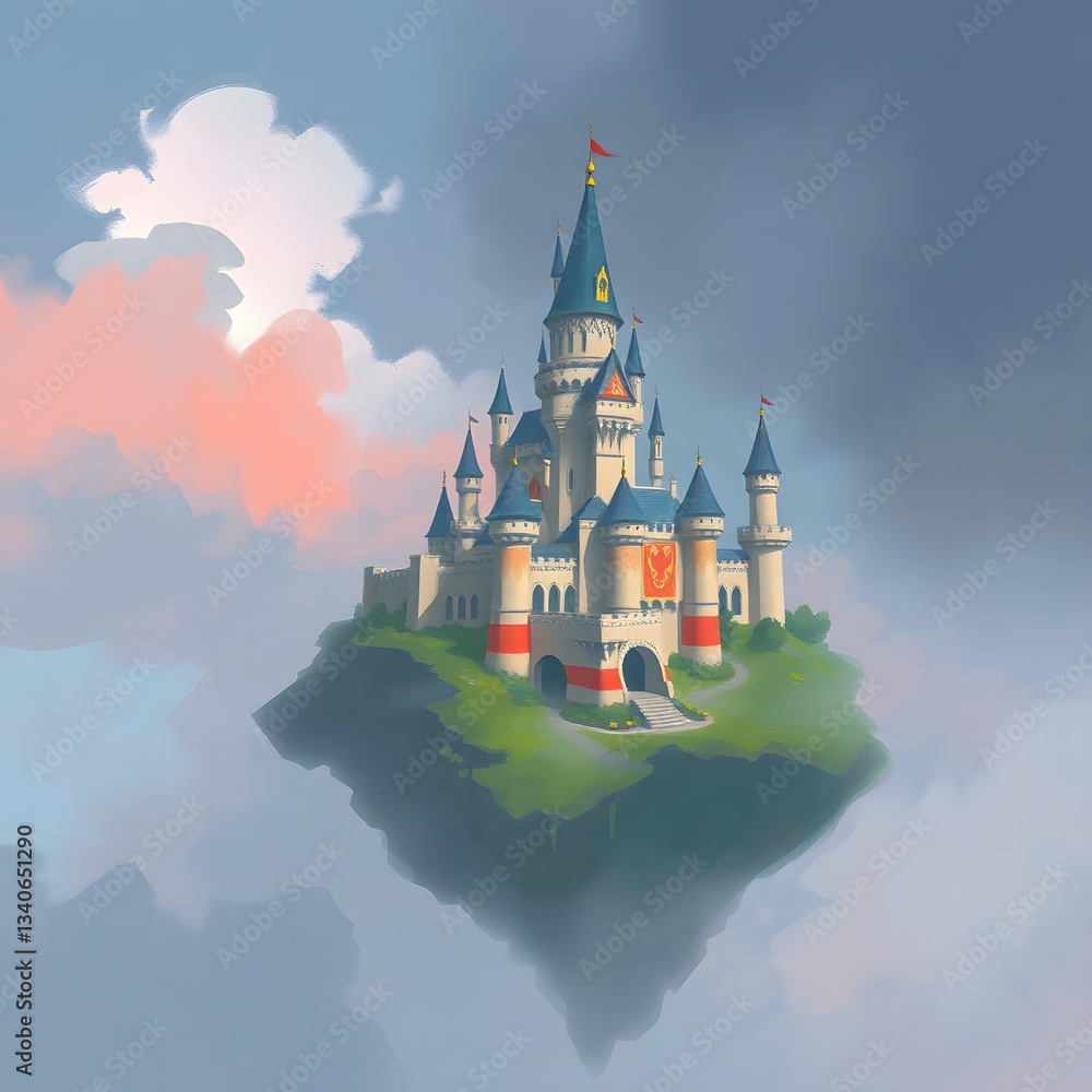 A fantasy castle on a floating island, bathed in warm terracotta and cool teal light, ethereal and spiritual vibe, soft focus, hazy background art illustration design A fantasy castle on a floating island, bathed in warm terracotta and cool teal light, ethereal and spiritual vibe, soft focus, hazy background art illustration design