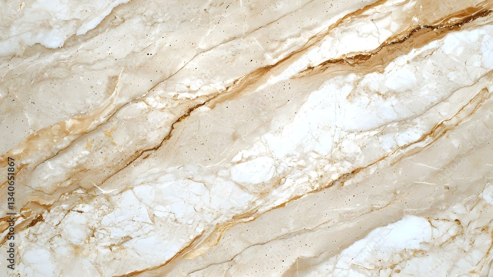 A close-up view of a textured marble surface featuring beige and white tones with gold veining. Concept Marble Texture, Beige and White Tones, Gold Veining, Close-Up Photography, Elegant Decor