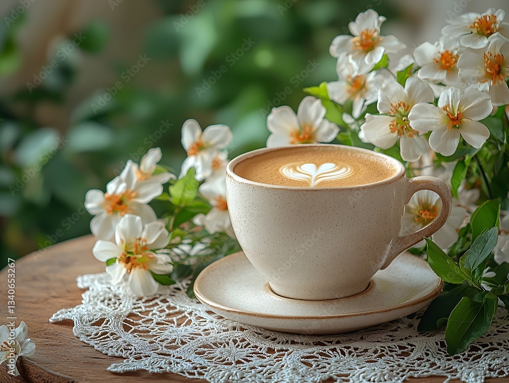 Coffee in Teacup with Lace Doily and Garden Setting Coffee in Teacup with Lace Doily and Garden Setting