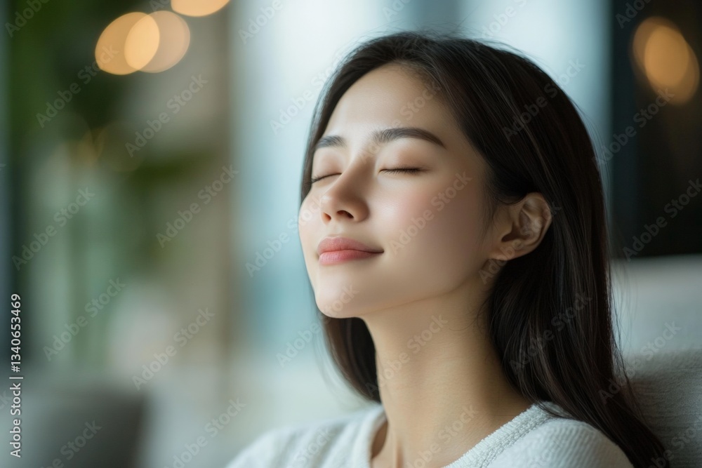 Obraz premium Woman enjoying a moment of tranquility in a cozy indoor setting with soft natural lighting