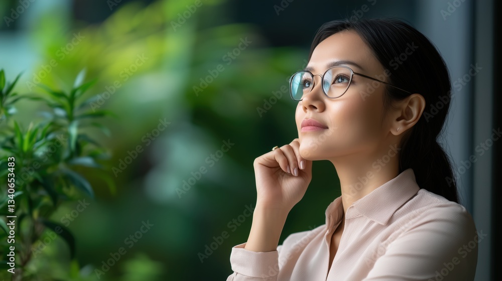 Thoughtful woman in glasses looking outside with green foliage in the background. Inspiration and vision Thoughtful woman in glasses looking outside with green foliage in the background. Inspiration and vision