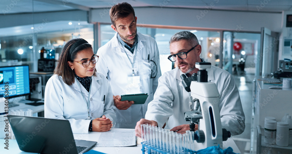 Collaboration, medical and science with people in laboratory together for breakthrough or development. Laptop, microscope or tablet and DNA research team in clinical trial for learning with mentor Collaboration, medical and science with people in laboratory together for breakthrough or development. Laptop, microscope or tablet and DNA research team in clinical trial for learning with mentor