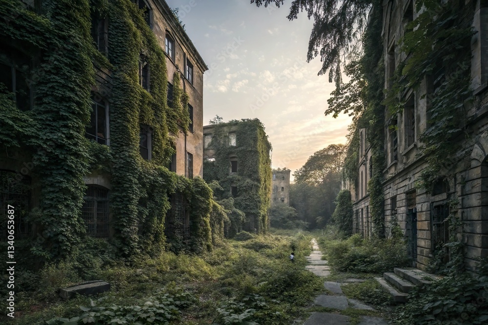 empty city ruin with overgrown vine and vegetation. post apocalypse urban scene empty city ruin with overgrown vine and vegetation. post apocalypse urban scene