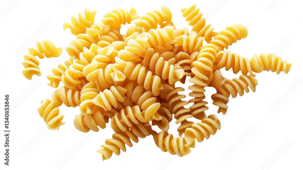 Twisted pasta spirals on a clean white background ready for cooking or creative recipes Twisted pasta spirals on a clean white background ready for cooking or creative recipes