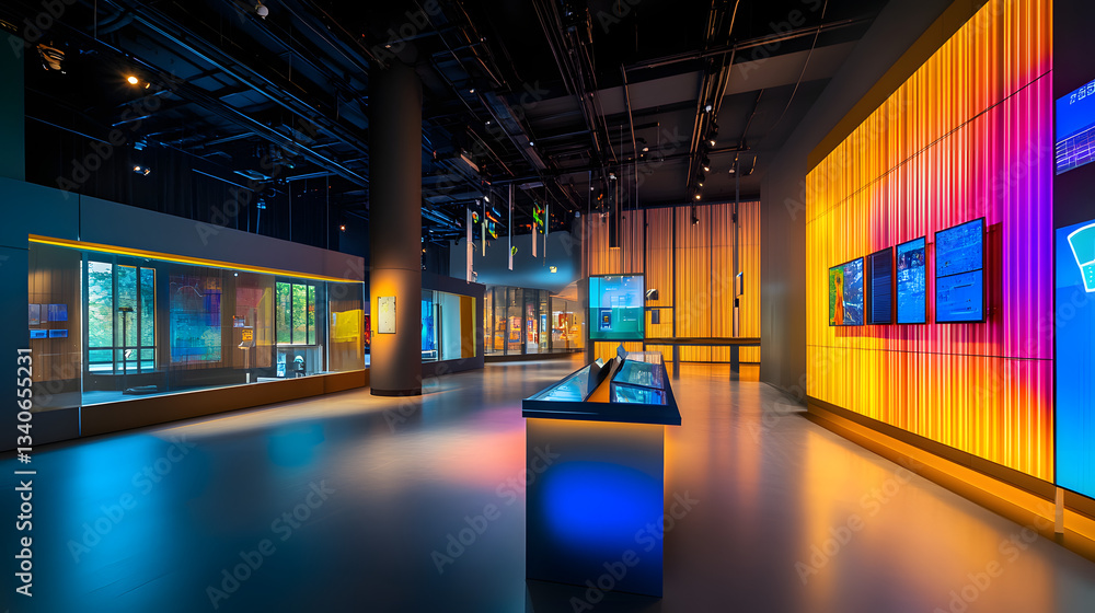 Fototapeta premium A smart museum with solar energy solutions, featuring modern art installations and LED lighting to create a dynamic and energy-efficient cultural space.