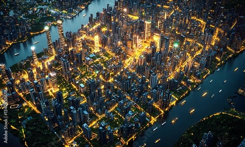 Aerial view of a vibrant cityscape illuminated at night, showcasing skyscrapers, waterways, and lush greenery in a harmonious blend of urban and natural elements.mp4