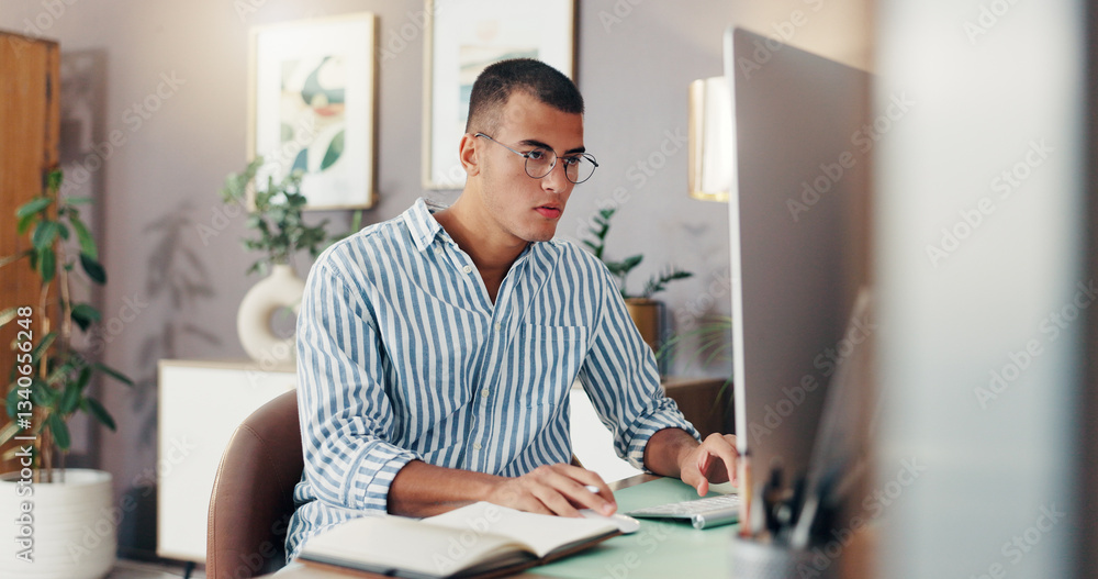 Computer, man and thinking with home office, reading and remote work for startup business. Event planning, design and research with notebook for freelance employee in apartment with idea or proposal Computer, man and thinking with home office, reading and remote work for startup business. Event planning, design and research with notebook for freelance employee in apartment with idea or proposal