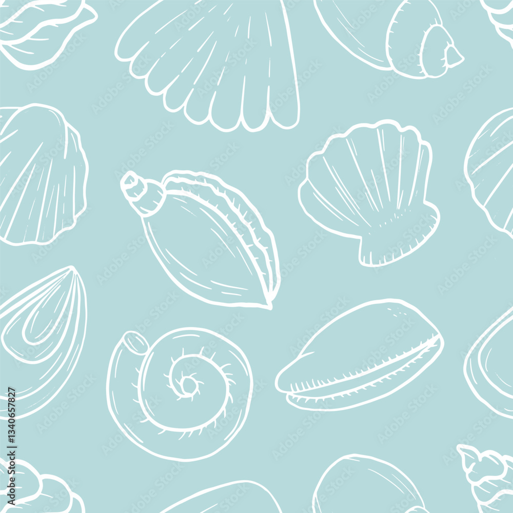 Vector seamless pattern of ocean seashells in soft blues, beige, and pearlescent tones, elegant and airy. Vector seamless pattern of ocean seashells in soft blues, beige, and pearlescent tones, elegant and airy.