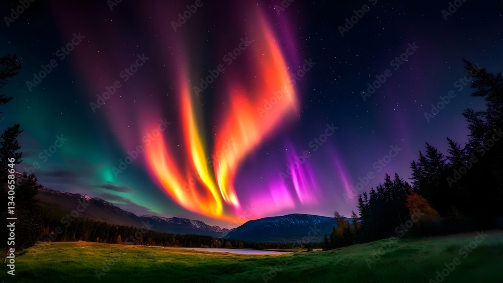 A vibrant display of the northern lights illuminating the night sky above a scenic landscape of mountains and trees. Concept Northern Lights, Scenic Landscape, Night Sky, Mountains and Trees
