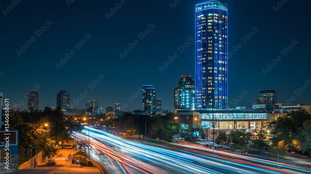 Naklejka premium Cityscape night view with light trails from traffic and tall illuminated buildings