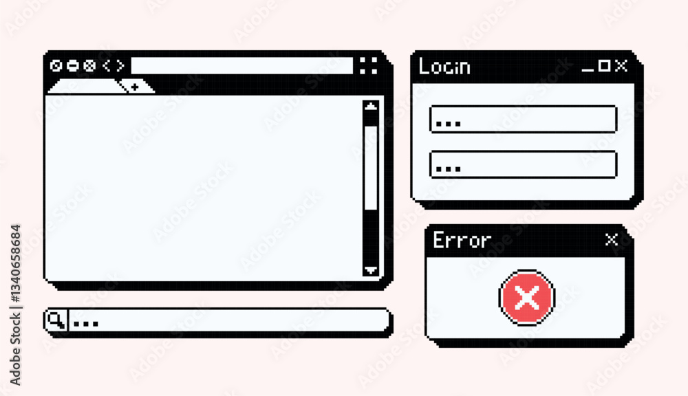 Windows browser interface pixel art set. Login, error frame collection. 8 bit. Game development, mobile app. Isolated vector illustration.
