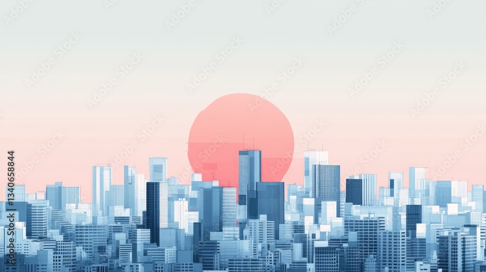 Fototapeta premium Blue stylized cityscape against a pink sunset background