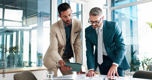 Photos Business, men and meeting on tablet at office of planning, financial documents and company growth