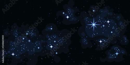 Cosmic space pixel art landscape. Starring night scenery.  8 bit. Game development, mobile app. Isolated vector illustration.