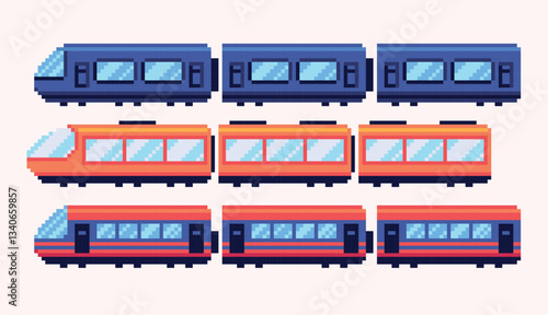 Train wagon pixel art set. Locomotive, railway transport collection. 8 bit. Game development, mobile app. Isolated vector illustration.