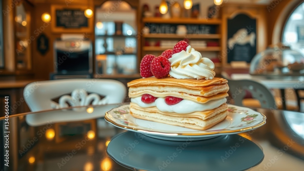 Fototapeta premium Raspberry mille-feuille pastry on plate in cafe