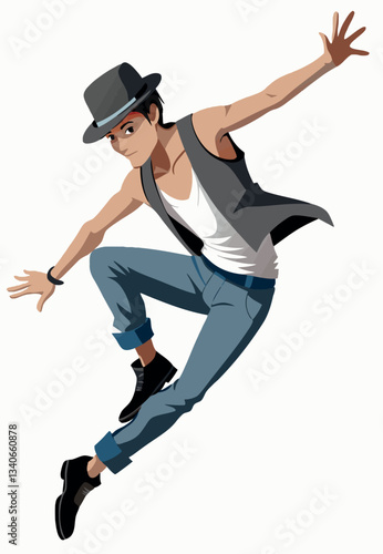 Vsai young stylish dancer performing a jump wearing a hat and vest