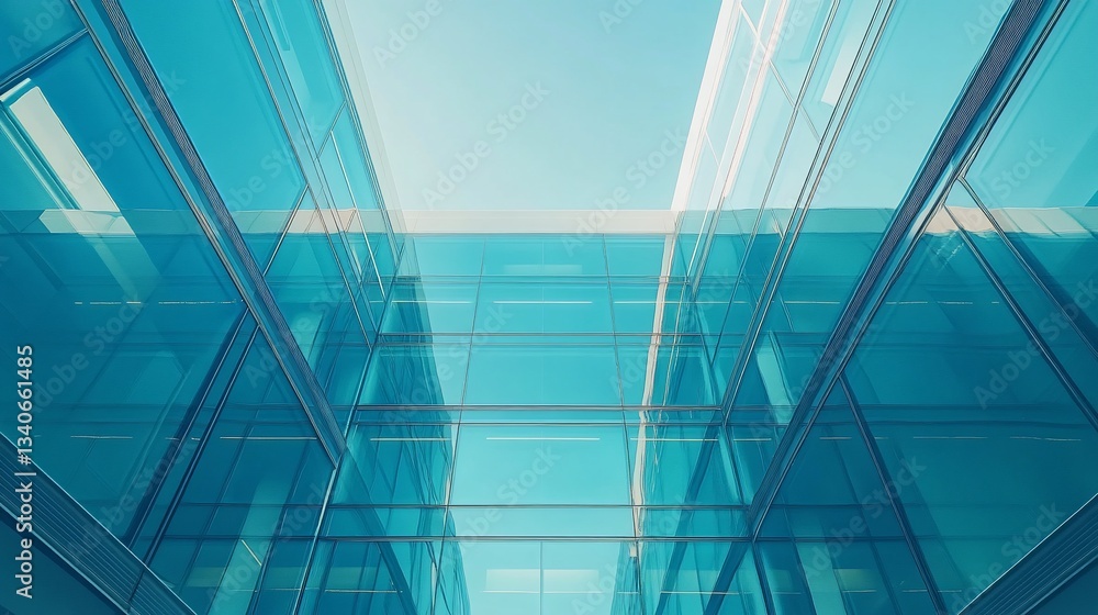 Fototapeta premium Modern Glass Architecture with Blue Hue reflecting sky and surrounding structures