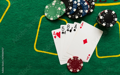 Poker cards with combination. The winning combination in a game in a poker club. The concept of luck in the poker game.