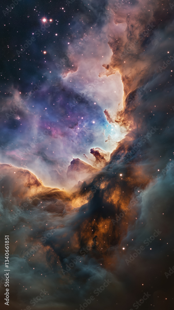 Fototapeta premium Stunning interstellar dust cloud illuminated by distant stars, creating a dramatic cosmic landscape.