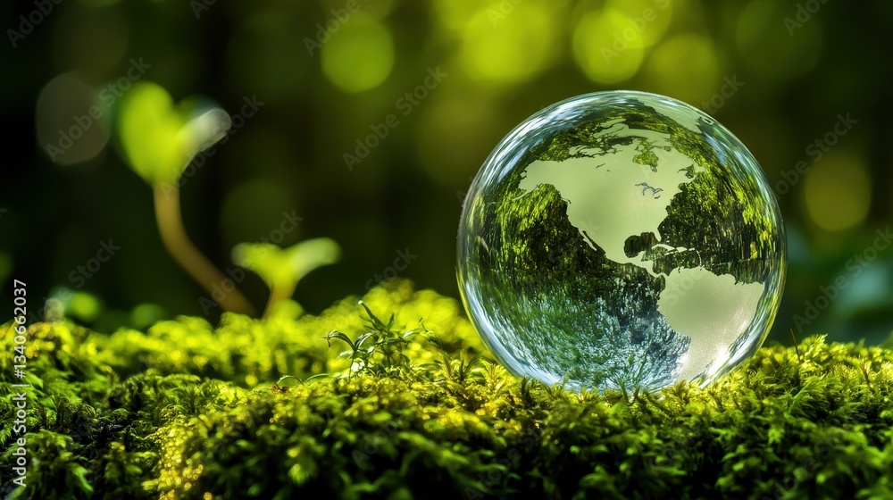 Crystal globe reflecting Earth on vibrant green moss, symbolizing sustainability, Earth Day, environmental awareness, nature conservation, eco-friendly lifestyle. Crystal globe reflecting Earth on vibrant green moss, symbolizing sustainability, Earth Day, environmental awareness, nature conservation, eco-friendly lifestyle.