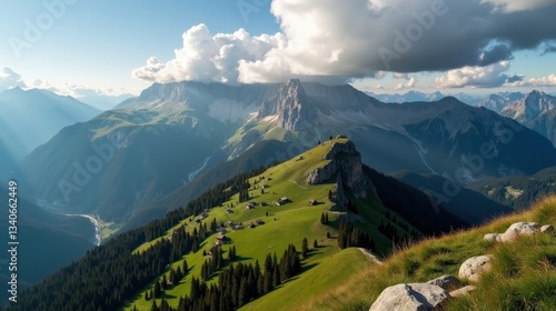 A high-quality photo of Monti Sibillini in Italy, Europe, at midday with partly cloudy weather, shot from an aerial perspective.