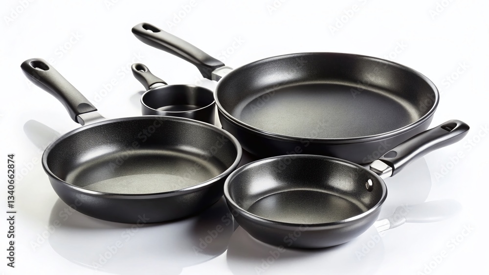 Professional Set of Black Frying Pans, Kitchen Cookware, Isolated on White Background Professional Set of Black Frying Pans, Kitchen Cookware, Isolated on White Background