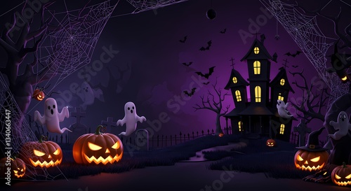 halloween party decoration. 3d style illustration. black purple background