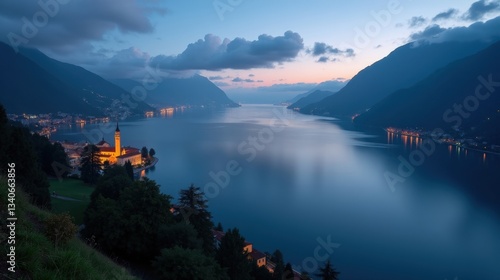 A high-quality professional photo of Lake Maggiore in Italy at night with foggy conditions, shot from a panoramic view capturing the mist enveloping the lake and surrounding areas.