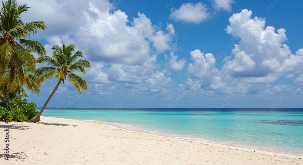 Obraz premium Tropical Paradise: A pristine beach with crystal-clear turquoise waters and swaying palm trees under a bright blue sky adorned with fluffy clouds. It’s a scene of pure serenity and relaxation.