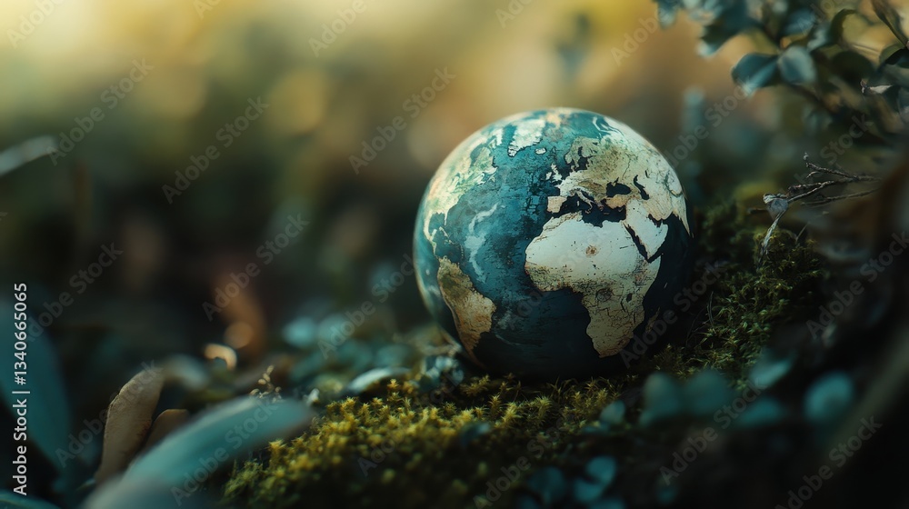 Earth globe nestled in green moss, symbolizing environmental awareness, sustainability, Earth Day, nature conservation, global unity, and biodiversity. Earth globe nestled in green moss, symbolizing environmental awareness, sustainability, Earth Day, nature conservation, global unity, and biodiversity.
