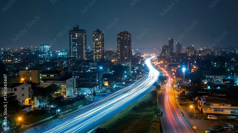 Nighttime Cityscape with Light Trails from Vehicles on a Road in urban area Nighttime Cityscape with Light Trails from Vehicles on a Road in urban area