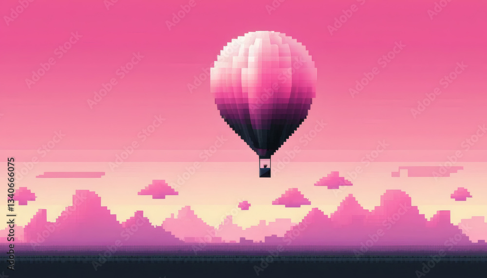 Obraz premium Pink 8-bit balloon with gradient color scheme transitioning from light to dark, showcasing smooth pixelated color change, retro design with vibrant hues, and enhanced depth for visual appeal.