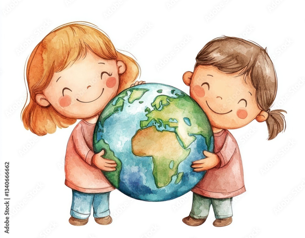 Two Happy Children Holding a Colorful Earth Globe, Celebrating Diversity and Unity in a Joyful Illustration of Friendship Two Happy Children Holding a Colorful Earth Globe, Celebrating Diversity and Unity in a Joyful Illustration of Friendship