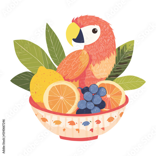 Parrot with fruits bowl illustration orange vector